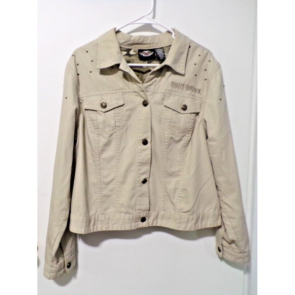 !! FINAL MKDWN Harley Davidson Cropped Jacket Women's Khaki Embroidered Logo - Picture 1 of 5